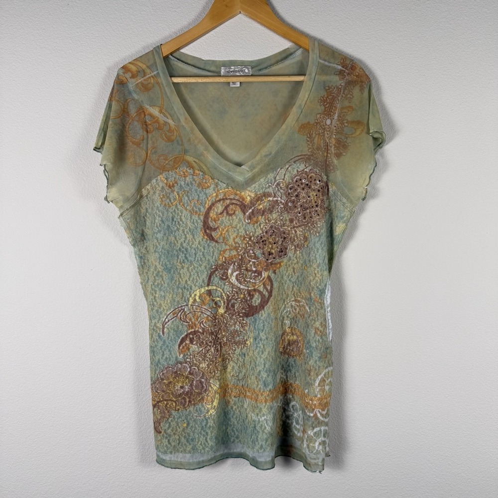 Short Sleeve Embellished Lace Top Womens XL Fairy Goblin Romantic Feminine Boho‎